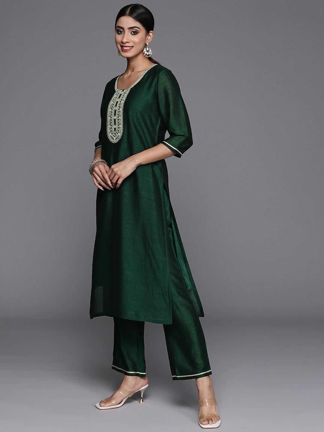 Green Printed Silk Blend Straight Kurta With Trousers & Dupatta - Libas