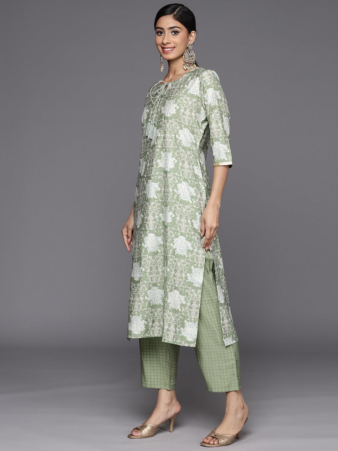 Green Printed Silk Blend Straight Suit Set With Trousers