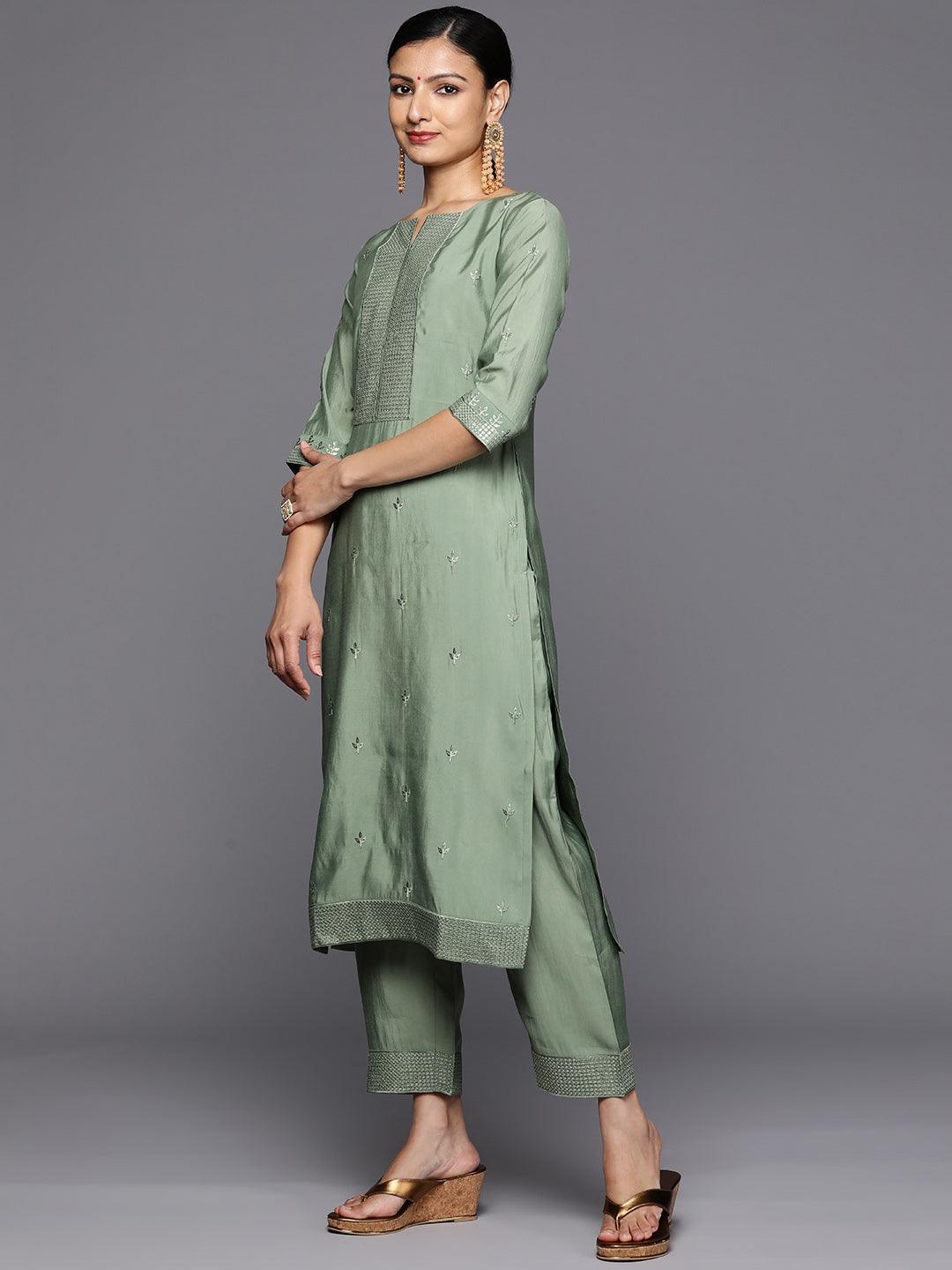 Green Printed Silk Blend Straight Kurta With Trousers & Dupatta - Libas