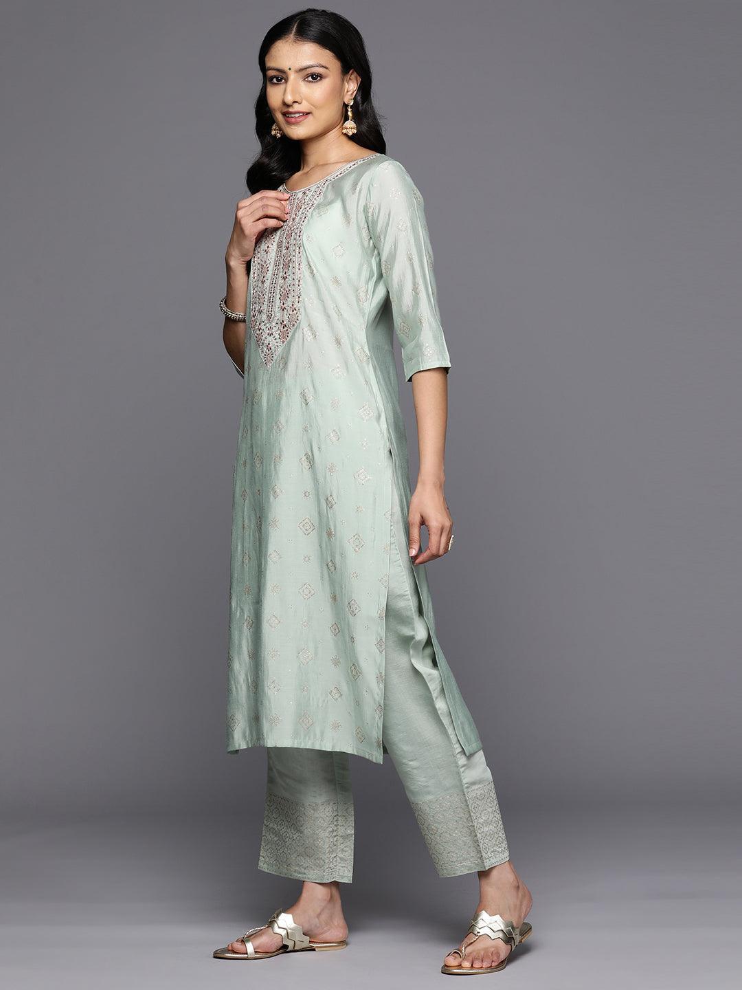 Green Printed Silk Blend Straight Kurta With Trousers & Dupatta