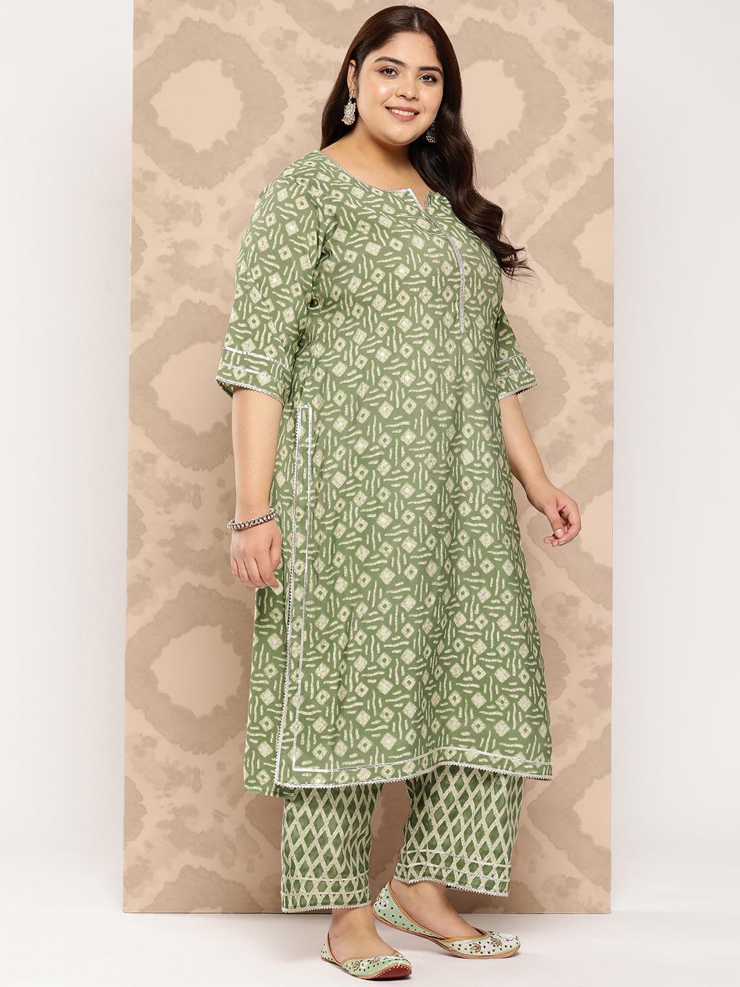 Green Printed Silk Blend Straight Kurta With Trousers and Dupatta - Libas