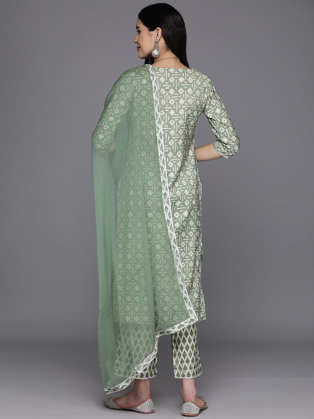 Green Printed Silk Blend Straight Kurta With Trousers & Dupatta