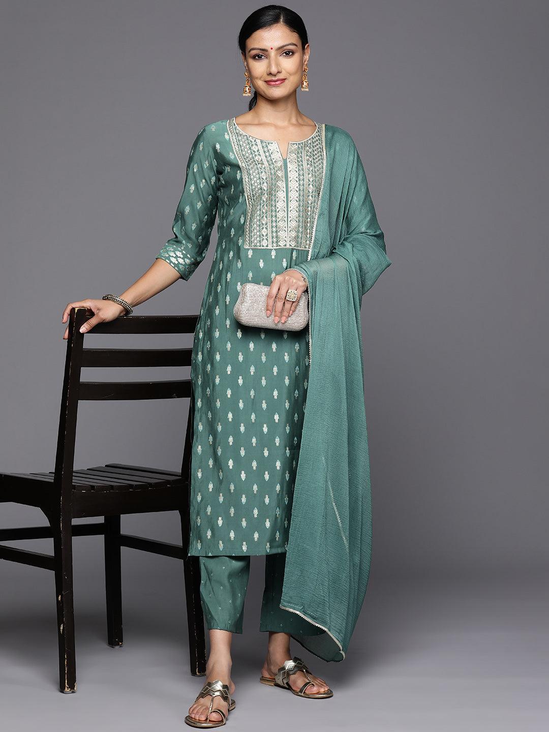 Green Printed Silk Blend Straight Kurta With Trousers & Dupatta - Libas