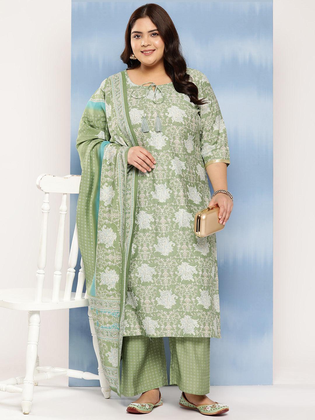 Green Printed Silk Blend Straight Kurta With Trousers and Dupatta