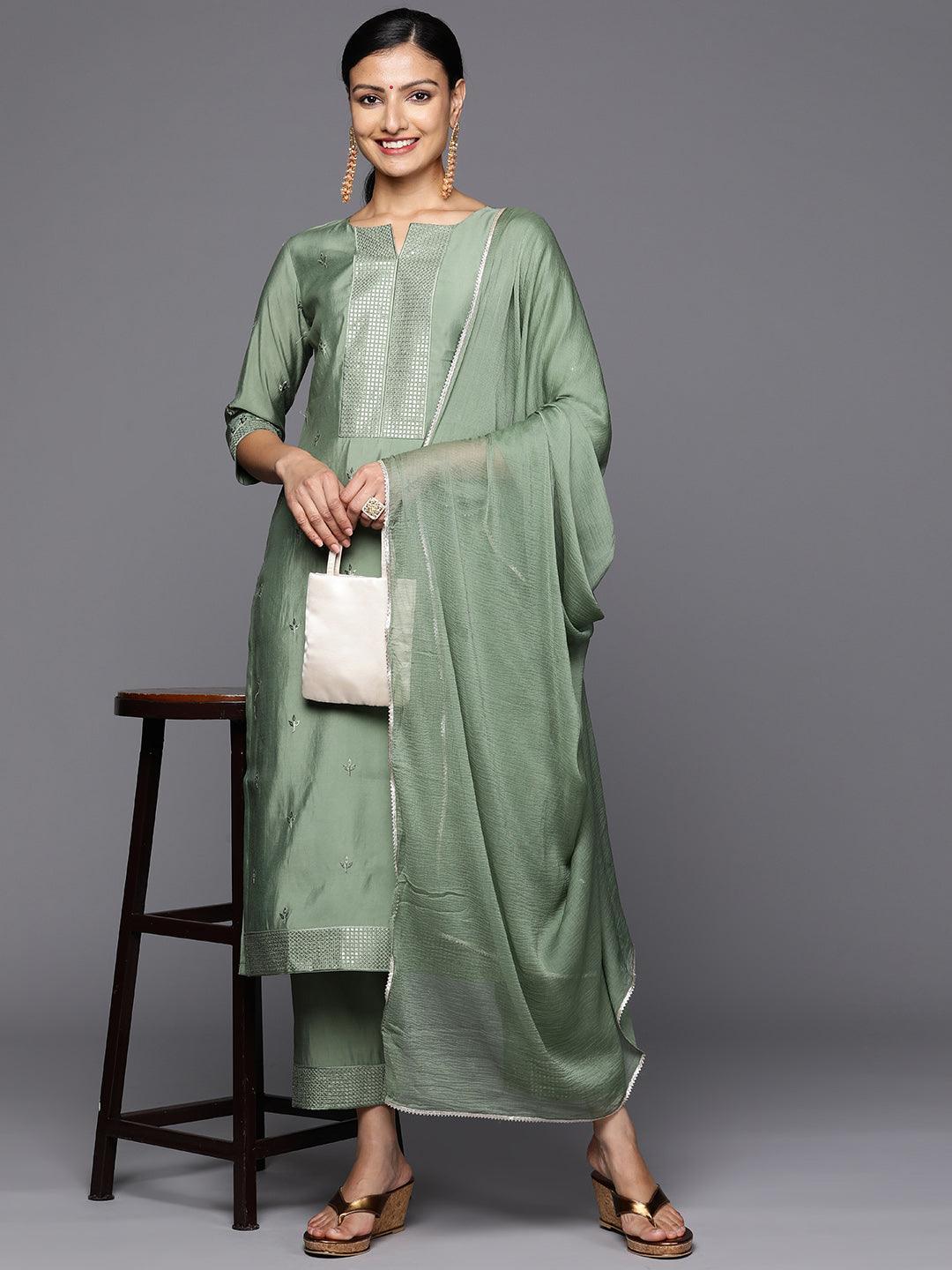 Green Printed Silk Blend Straight Kurta With Trousers & Dupatta