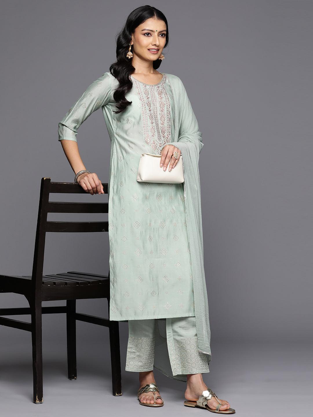 Green Printed Silk Blend Straight Kurta With Trousers & Dupatta