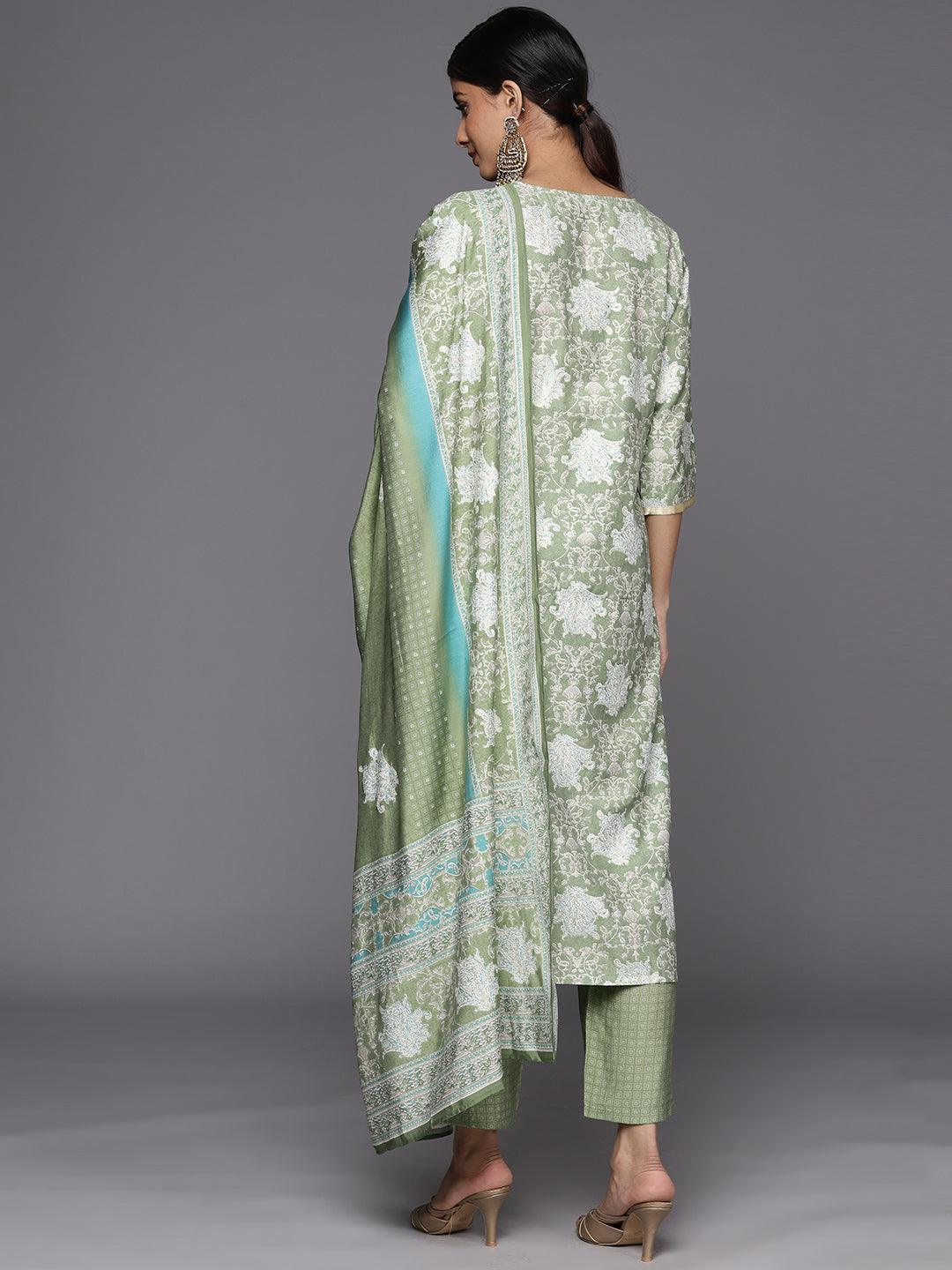 Green Printed Silk Blend Straight Suit Set With Trousers