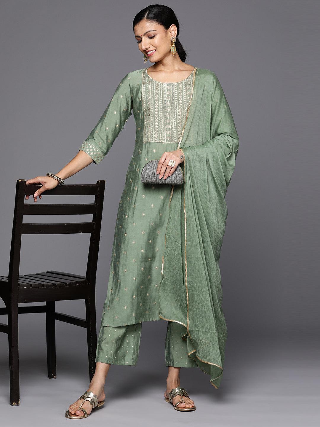 Green Printed Silk Blend Straight Kurta With Trousers & Dupatta - Libas