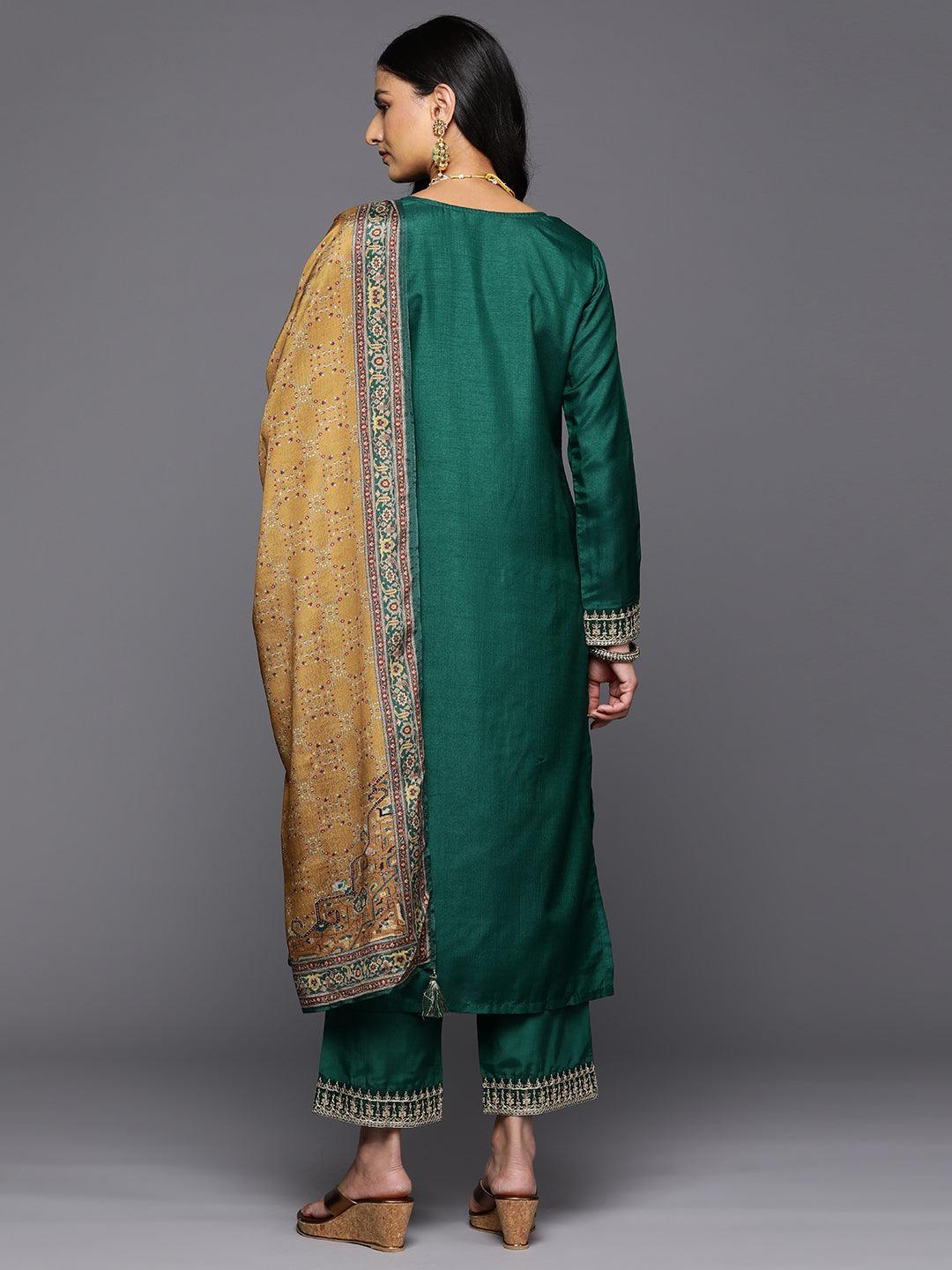 Green Printed Silk Blend Straight Kurta With Trousers & Dupatta - Libas