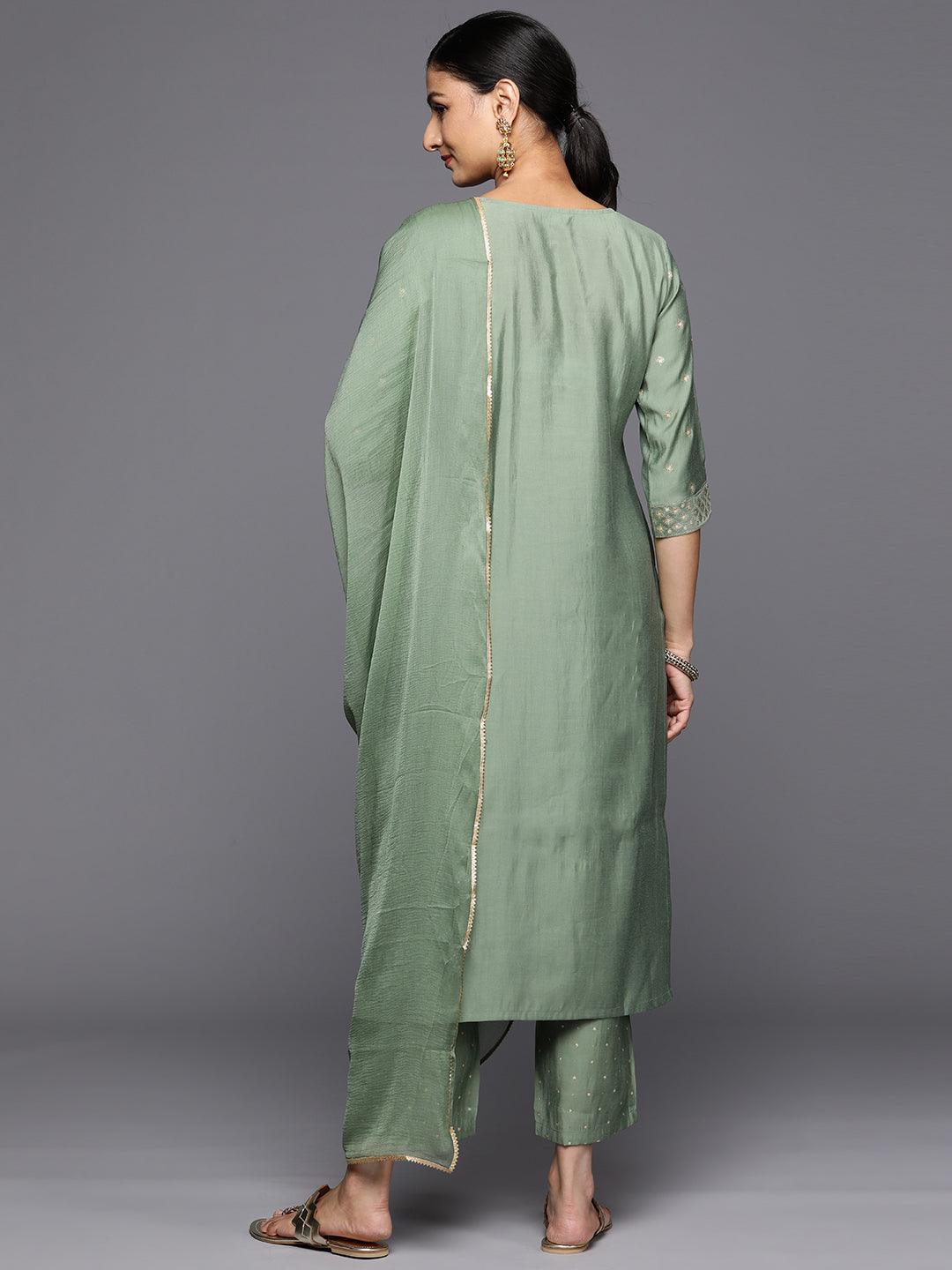 Green Printed Silk Blend Straight Kurta With Trousers & Dupatta - Libas