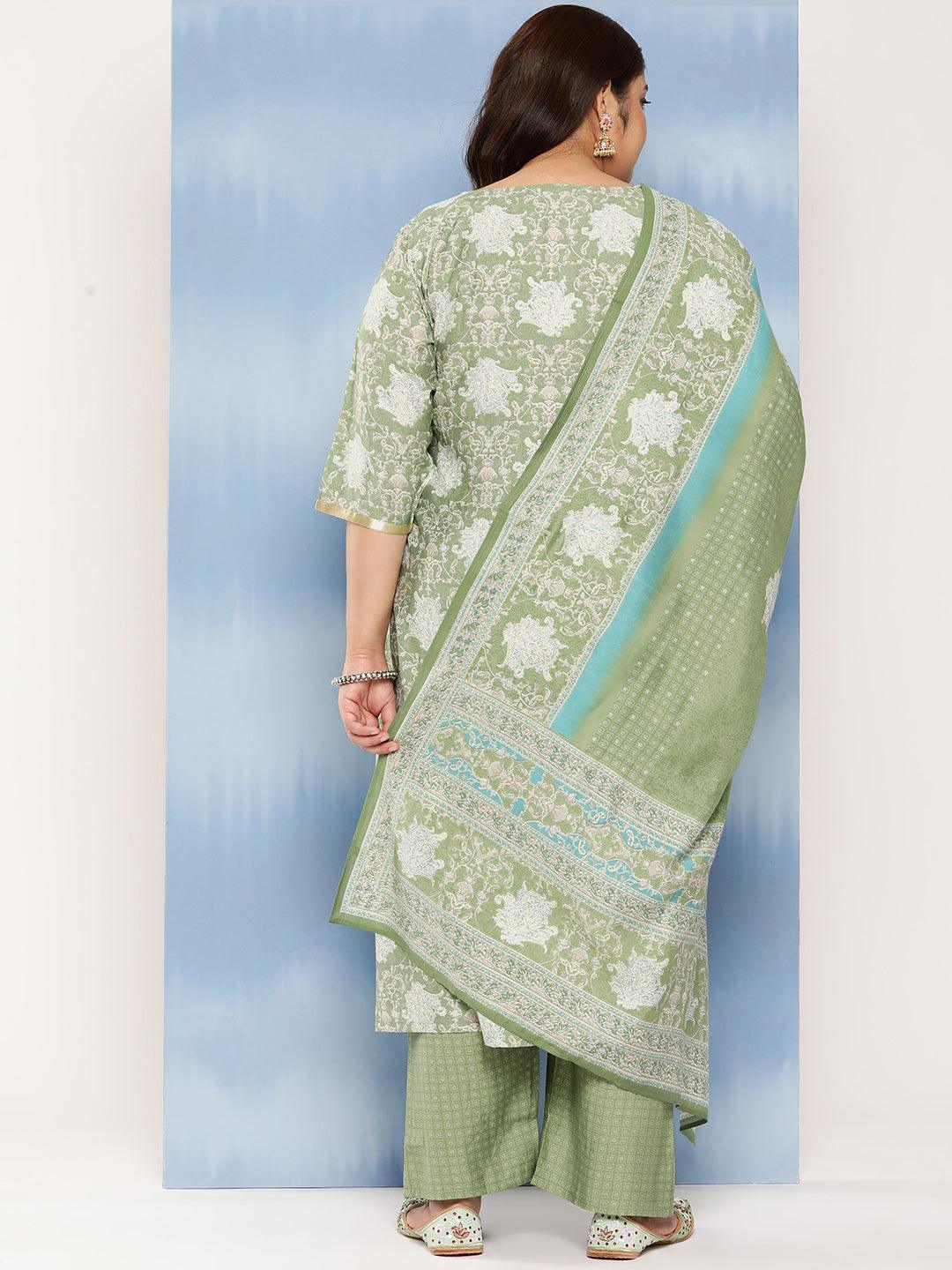 Green Printed Silk Blend Straight Kurta With Trousers and Dupatta