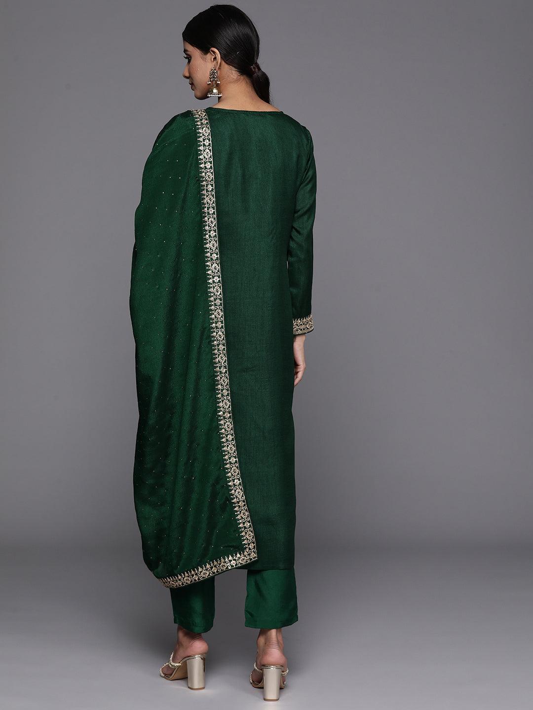 Green Printed Silk Blend Straight Kurta With Trousers & Dupatta - Libas