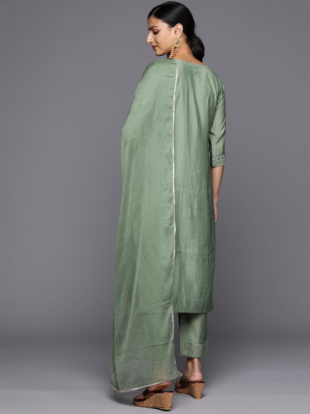 Green Printed Silk Blend Straight Kurta With Trousers & Dupatta