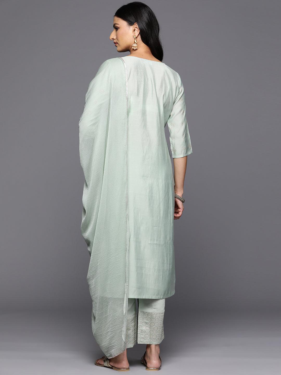 Green Printed Silk Blend Straight Kurta With Trousers & Dupatta