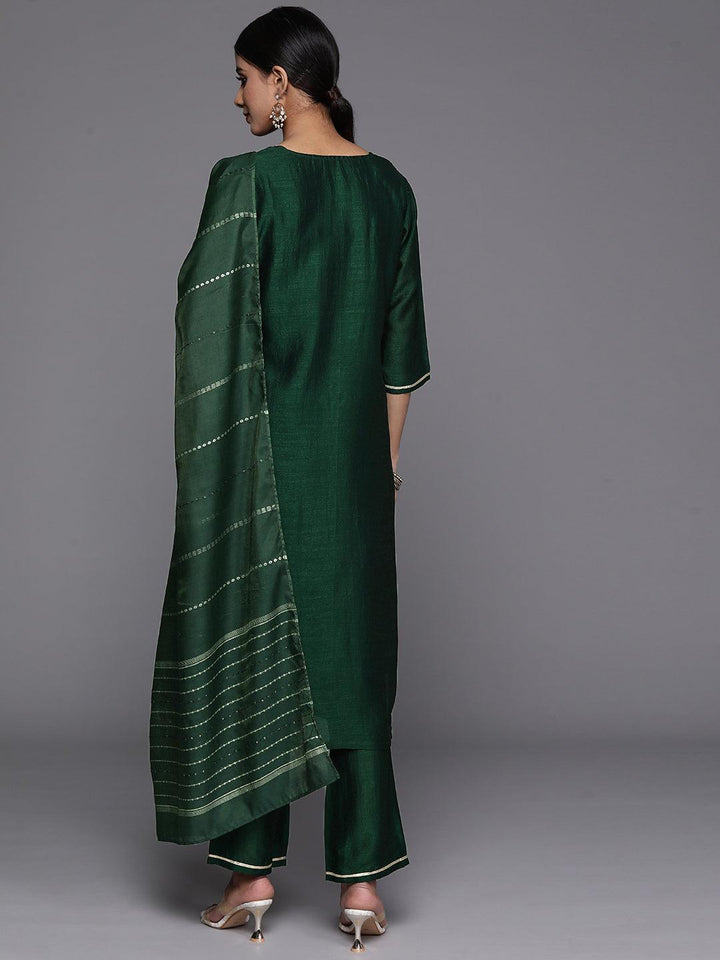 Green Printed Silk Blend Straight Kurta With Trousers & Dupatta - Libas