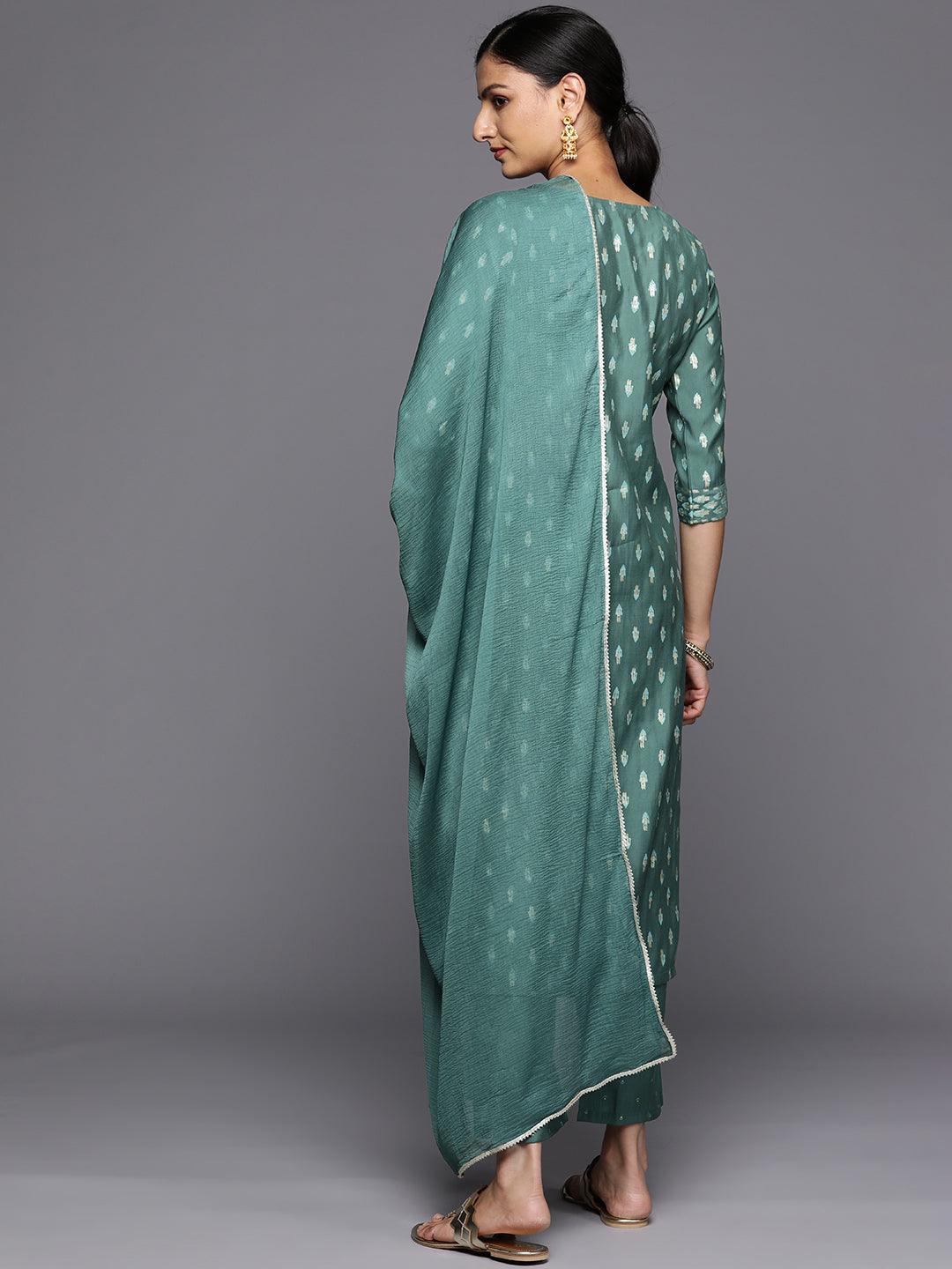 Green Printed Silk Blend Straight Kurta With Trousers & Dupatta - Libas