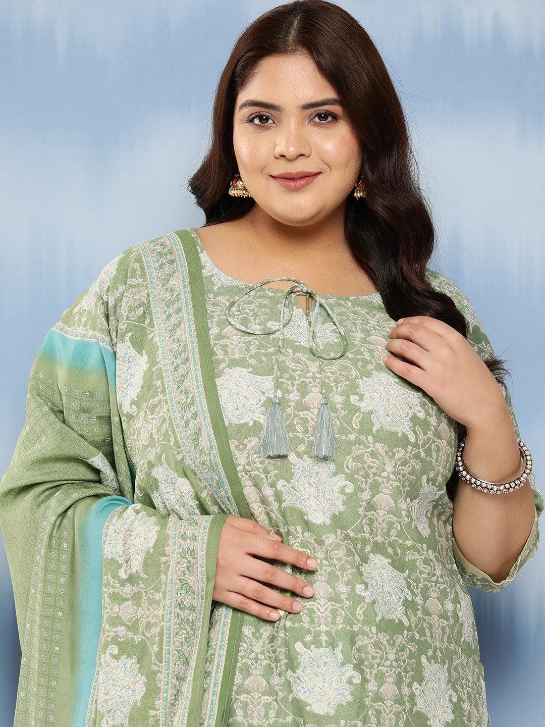 Green Printed Silk Blend Straight Kurta With Trousers and Dupatta