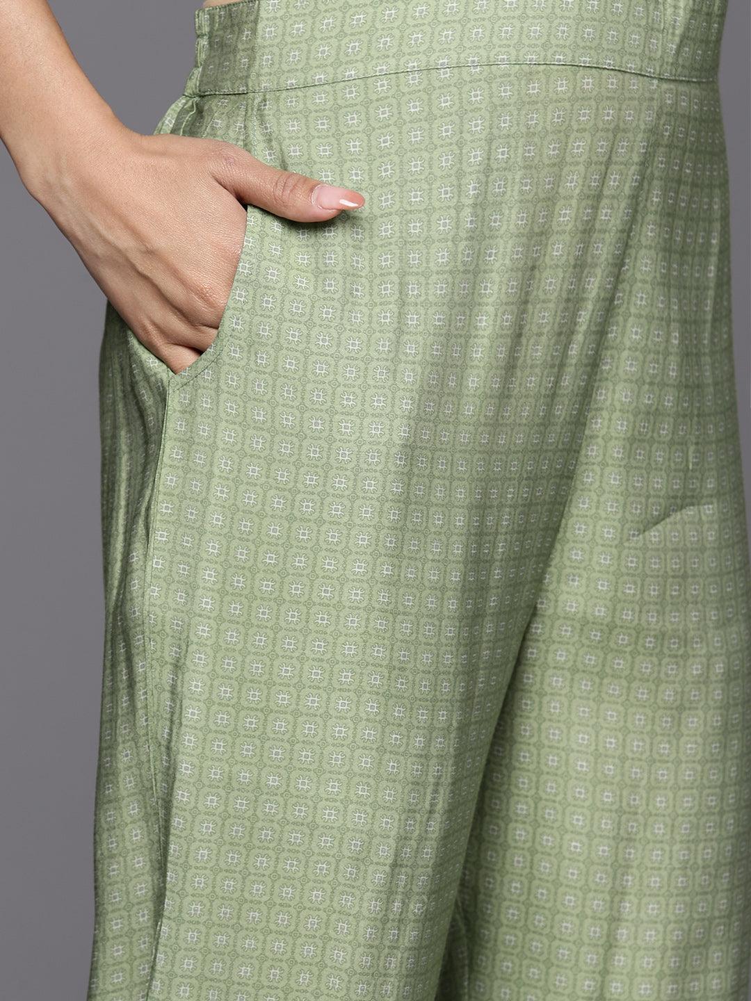 Green Printed Silk Blend Straight Suit Set With Trousers