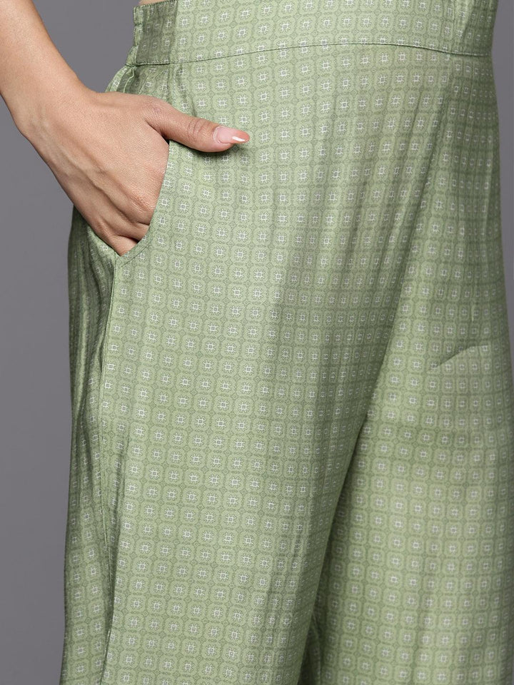 Green Printed Silk Blend Straight Suit Set With Trousers - ShopLibas