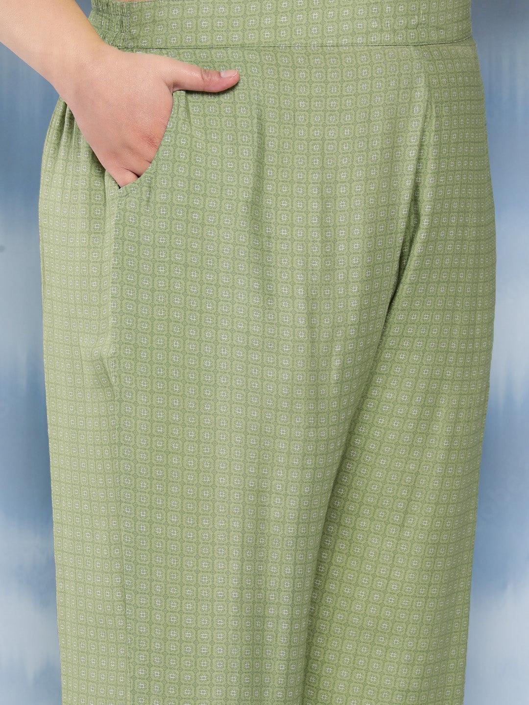 Green Printed Silk Blend Straight Kurta With Trousers and Dupatta