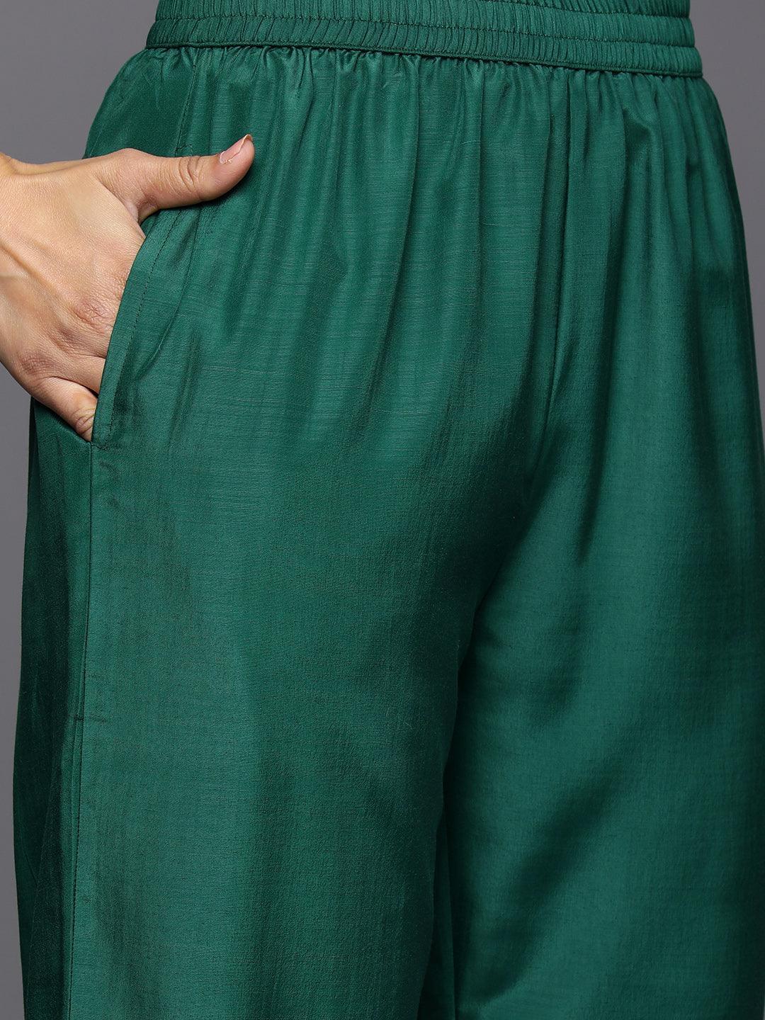 Green Printed Silk Blend Straight Kurta With Trousers & Dupatta