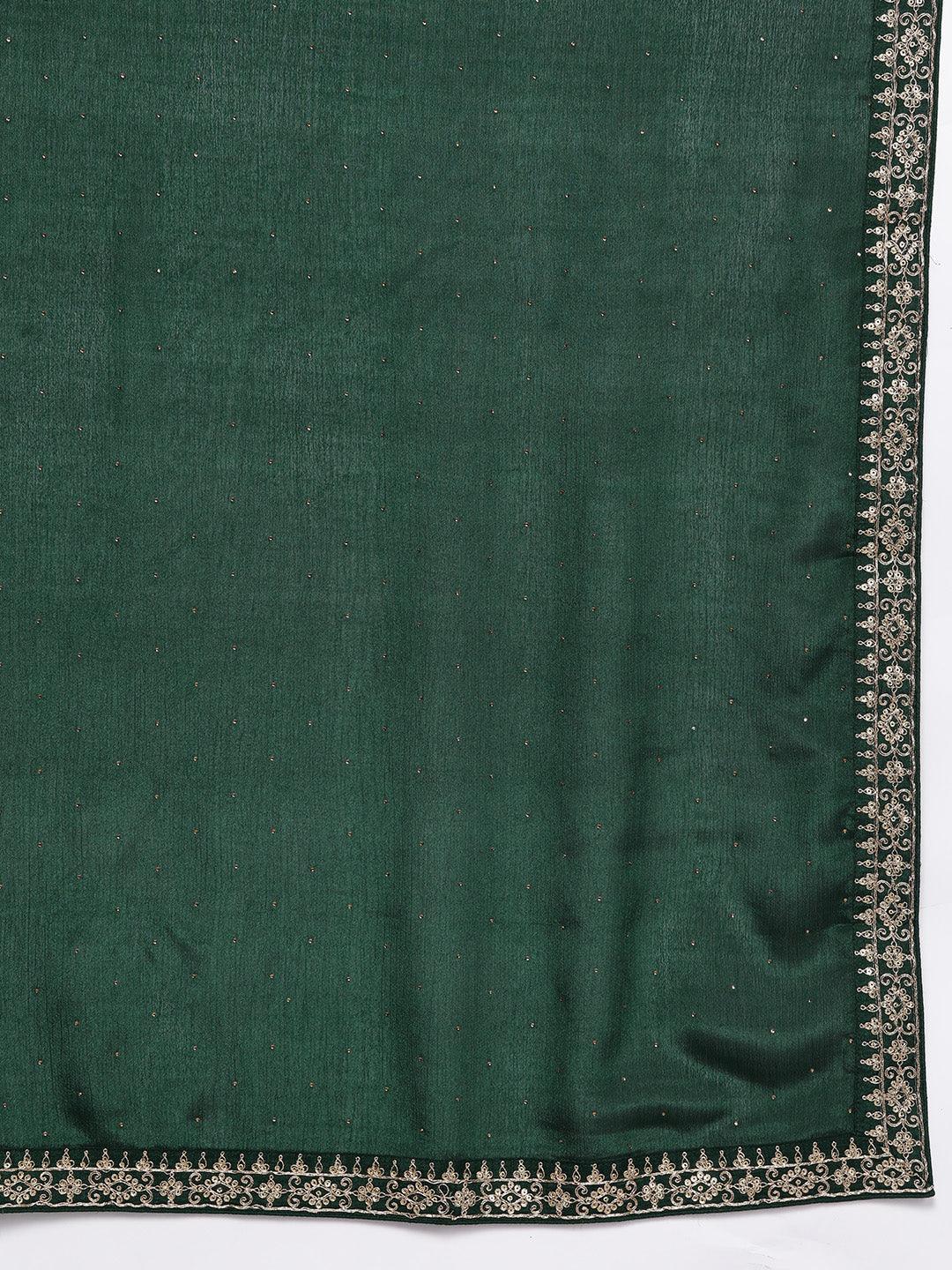 Green Printed Silk Blend Straight Kurta With Trousers & Dupatta