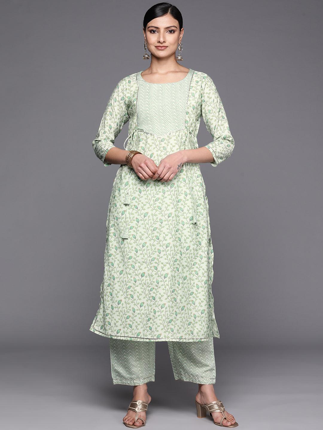 Green Printed Silk Blend Straight Kurta Set With Trousers