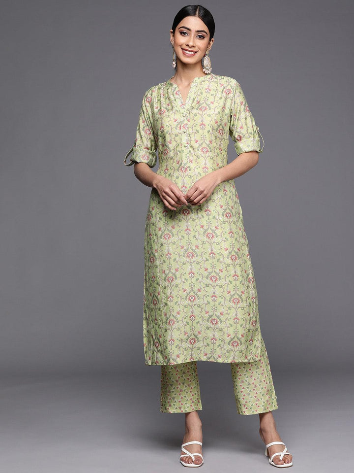 Green Printed Silk Blend Straight Kurta Set With Trousers - ShopLibas