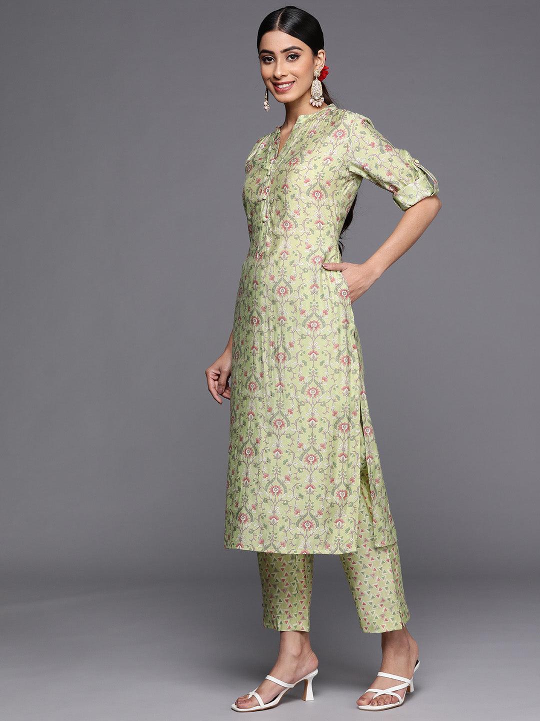 Green Printed Silk Blend Straight Kurta Set With Trousers - ShopLibas