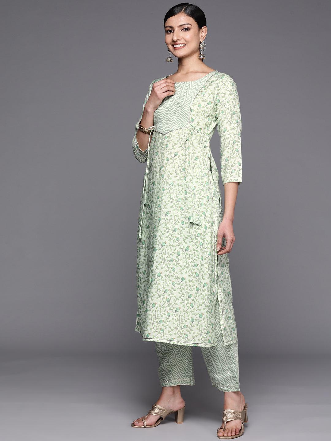 Green Printed Silk Blend Straight Kurta Set With Trousers