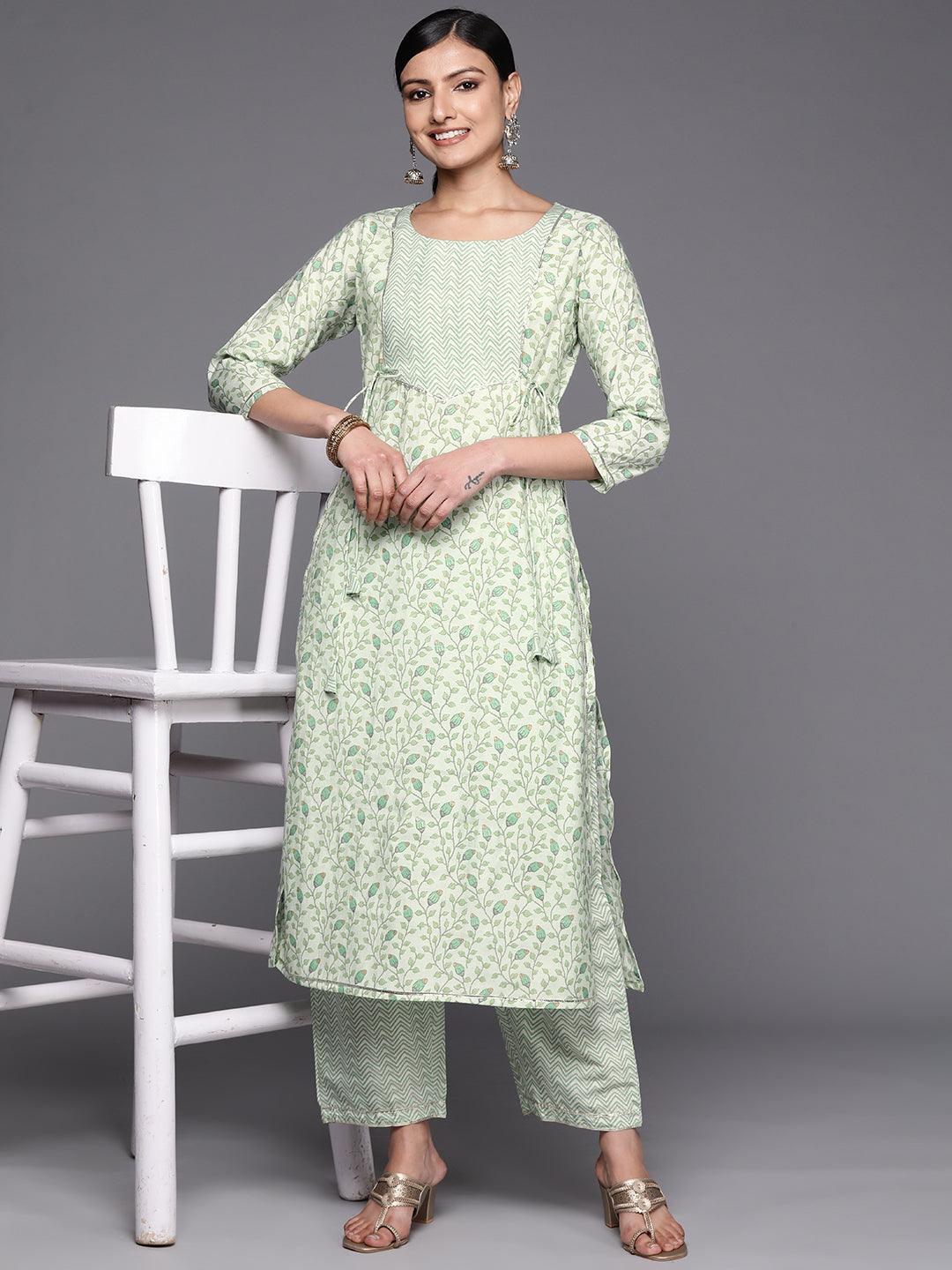 Green Printed Silk Blend Straight Kurta Set With Trousers