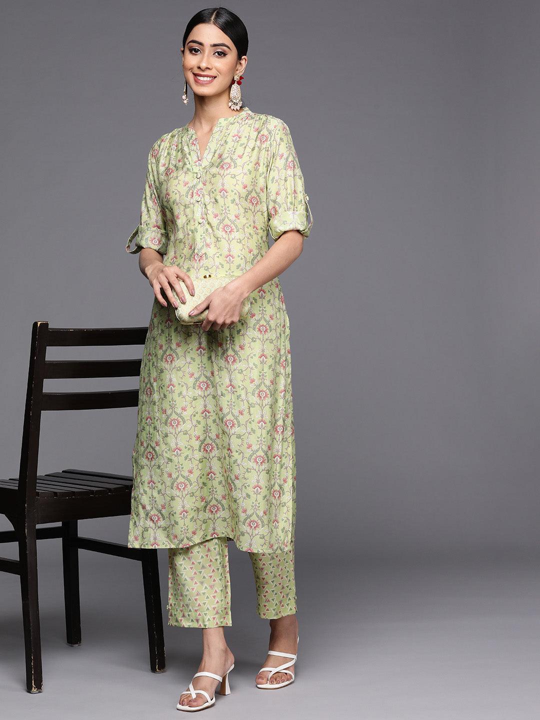 Green Printed Silk Blend Straight Kurta Set With Trousers - ShopLibas