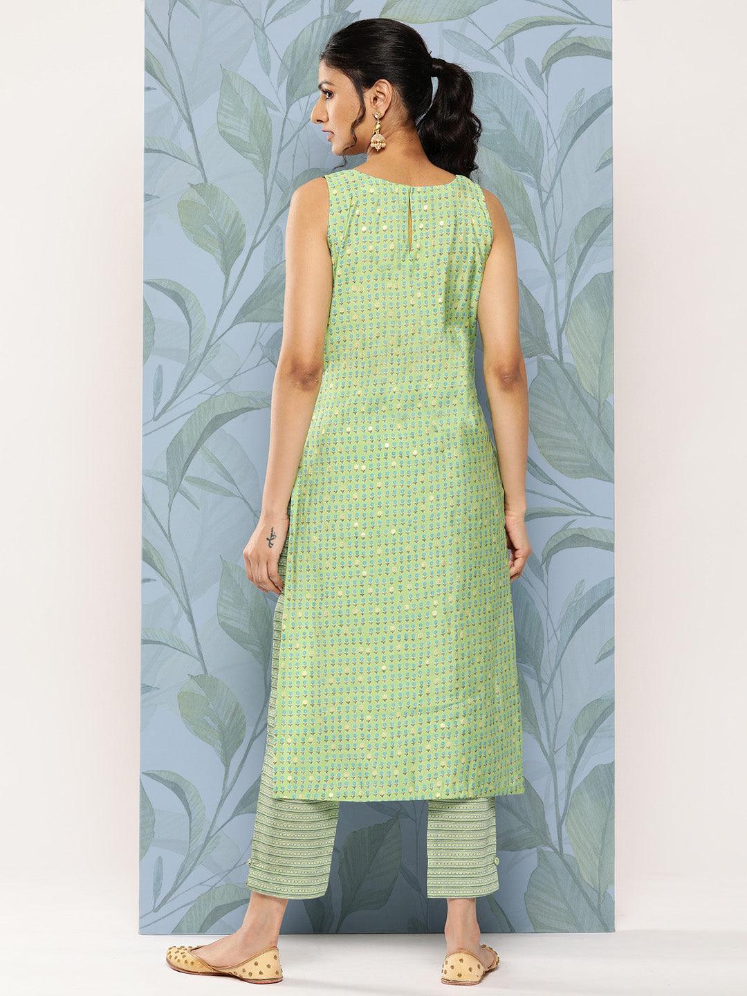 Green Printed Silk Blend Straight Kurta Set With Trousers - Libas