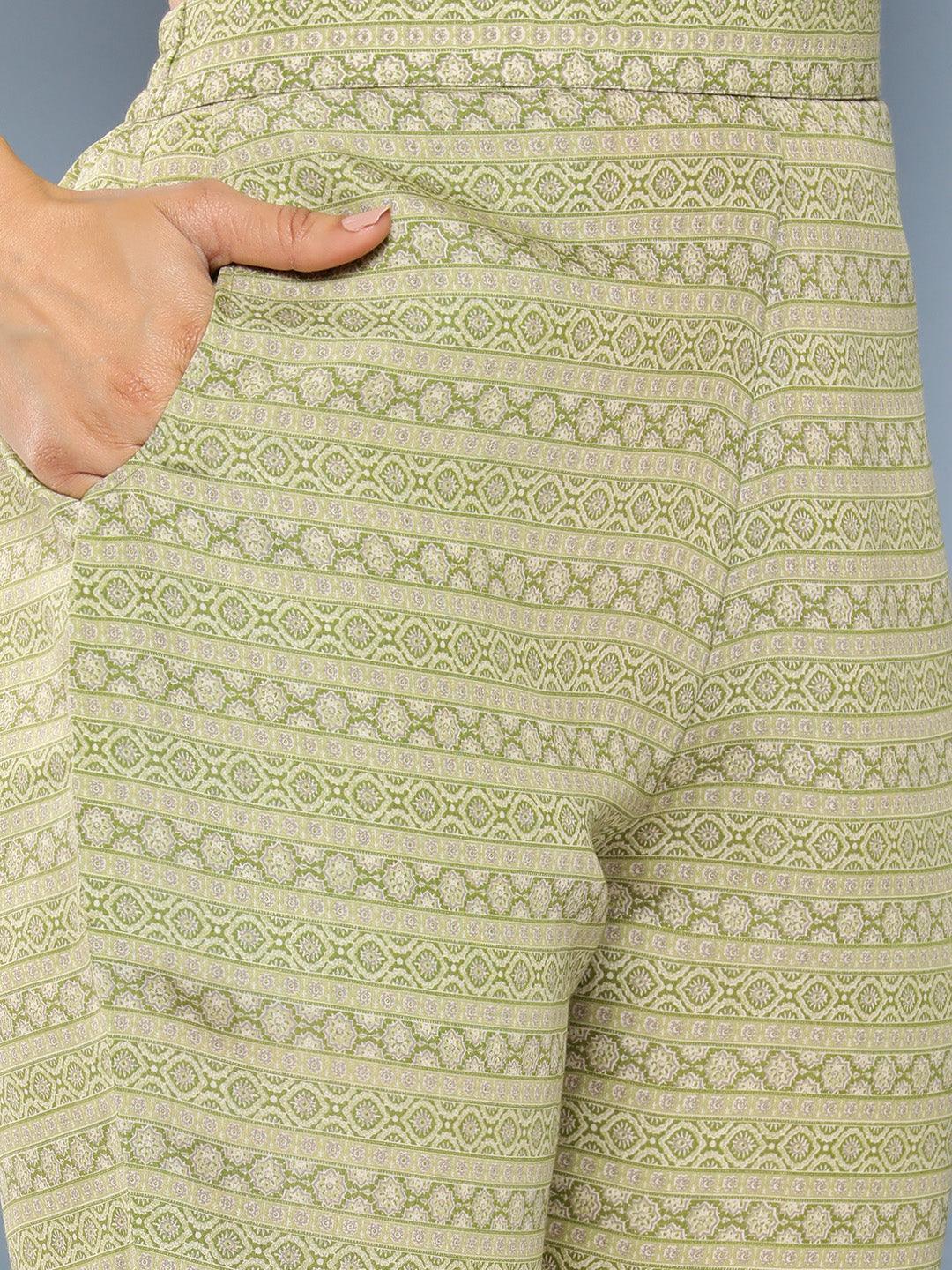 Green Printed Silk Blend Straight Kurta With Trousers