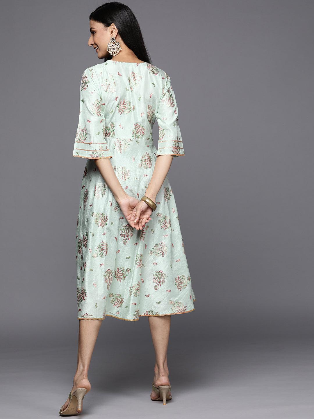 Green Printed Silk Empire Dress - ShopLibas