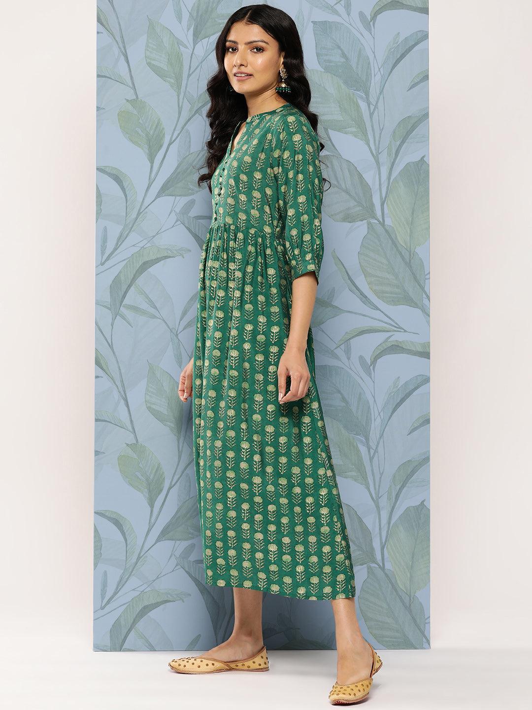 Green Printed Silk Fit and Flare Dress