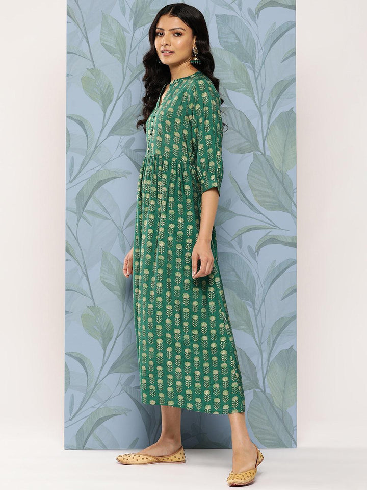 Green Printed Silk Fit and Flare Dress - Libas