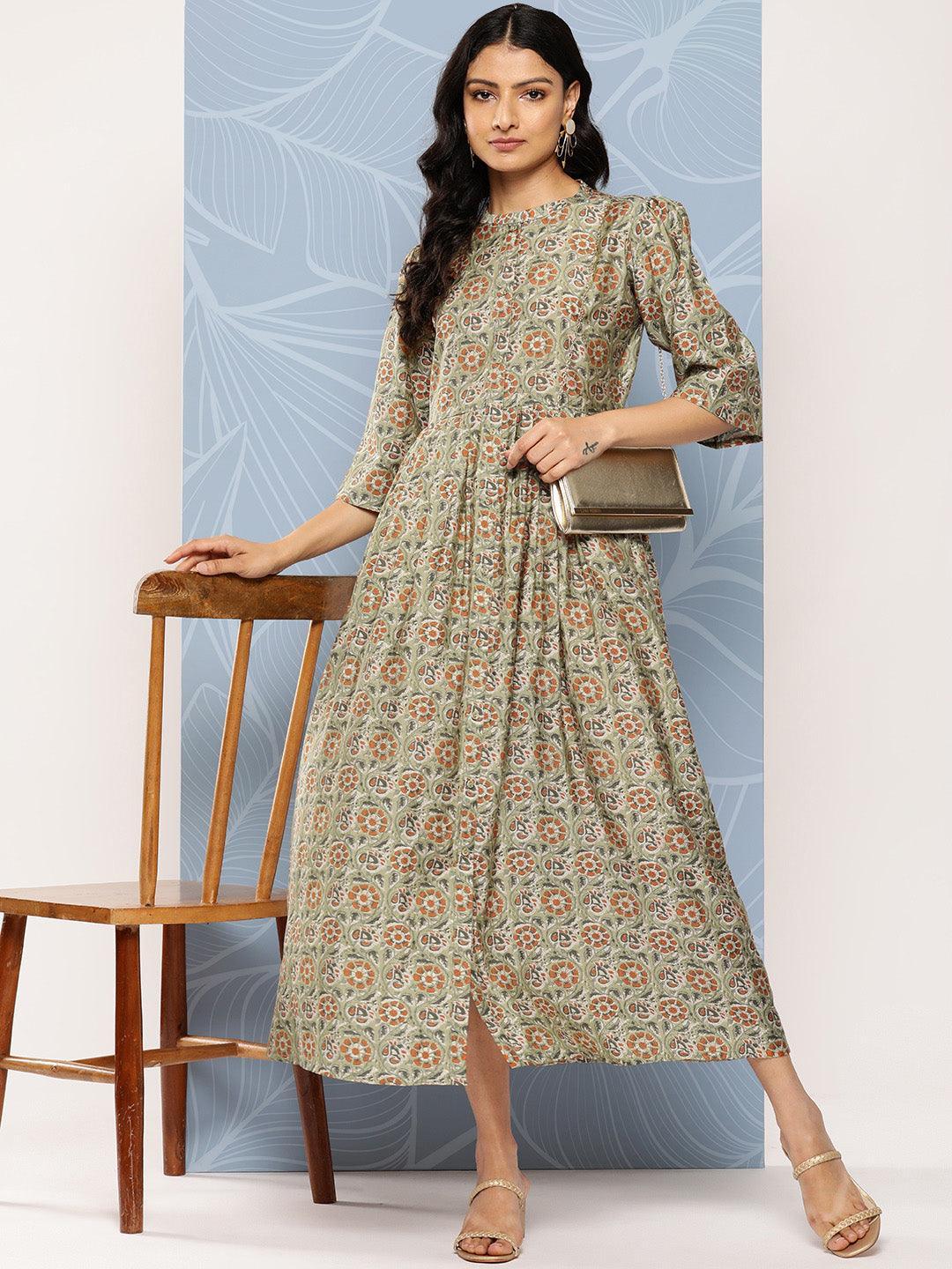 Green Printed Silk Fit and Flare Dress - Libas