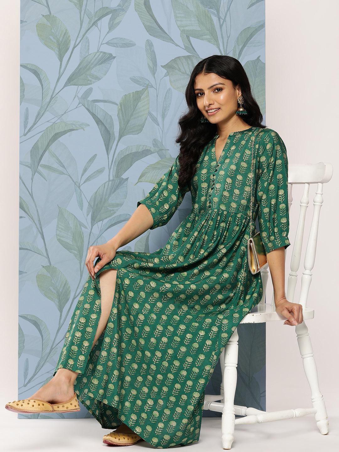 Green Printed Silk Fit and Flare Dress - Libas