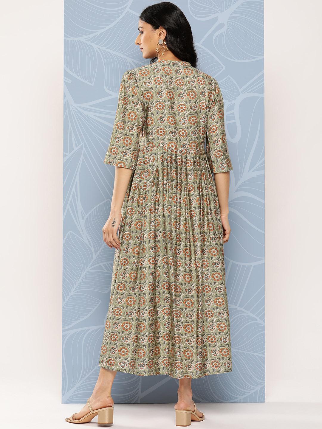 Green Printed Silk Fit and Flare Dress