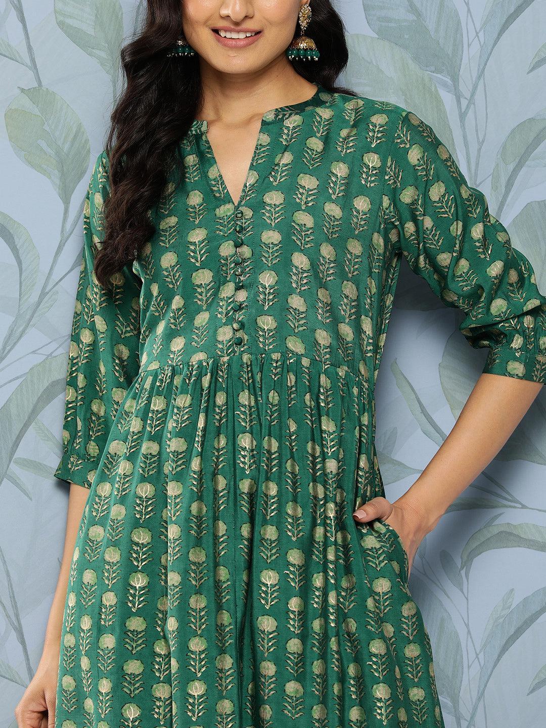 Green Printed Silk Fit and Flare Dress - Libas