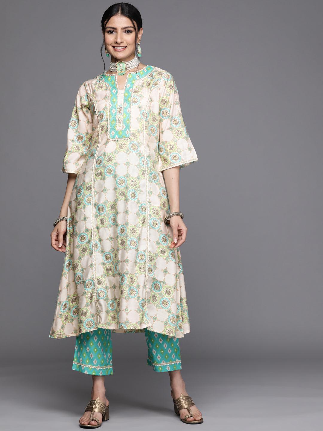 Green Printed Silk Kurta