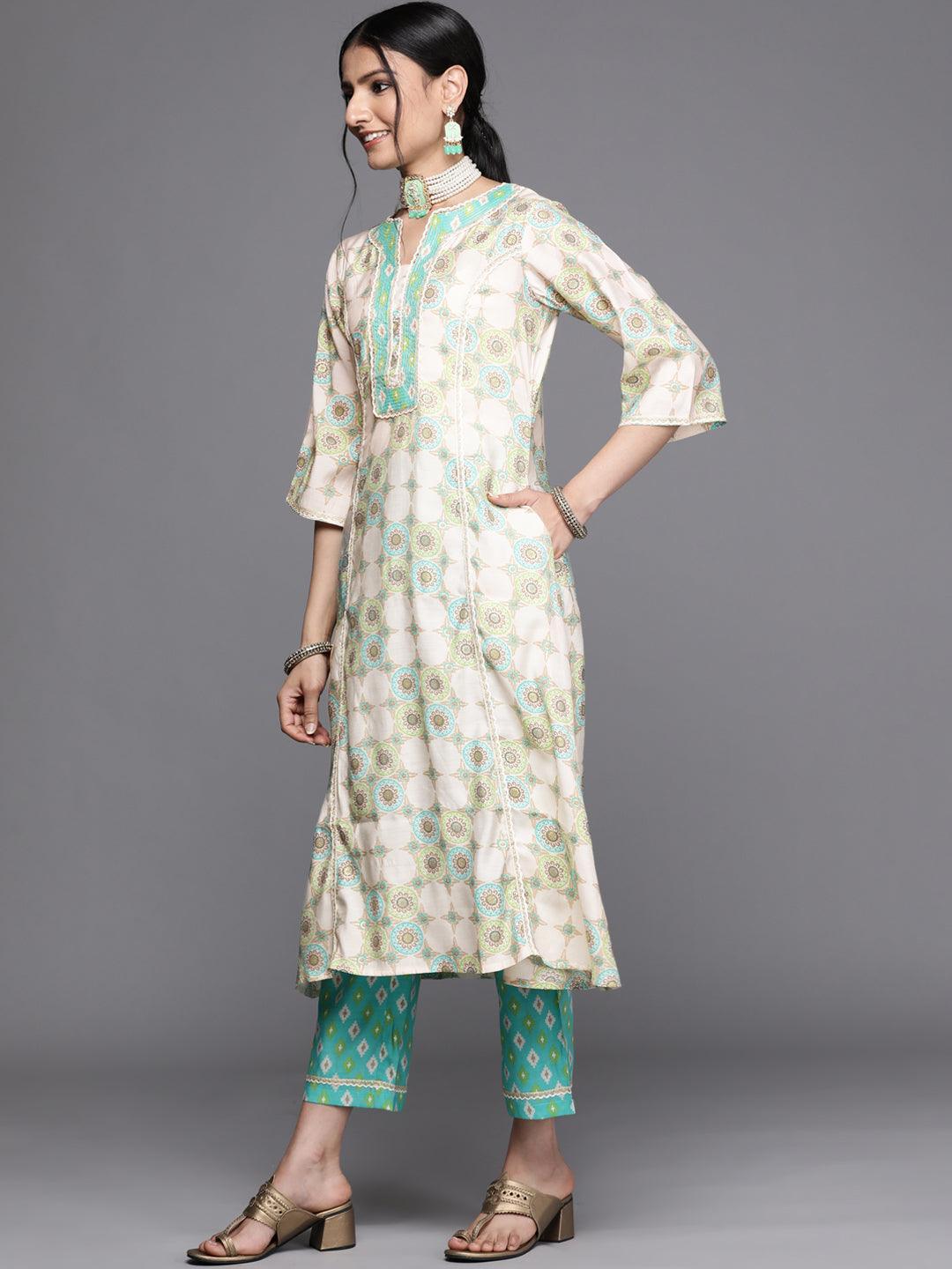 Green Printed Silk Kurta