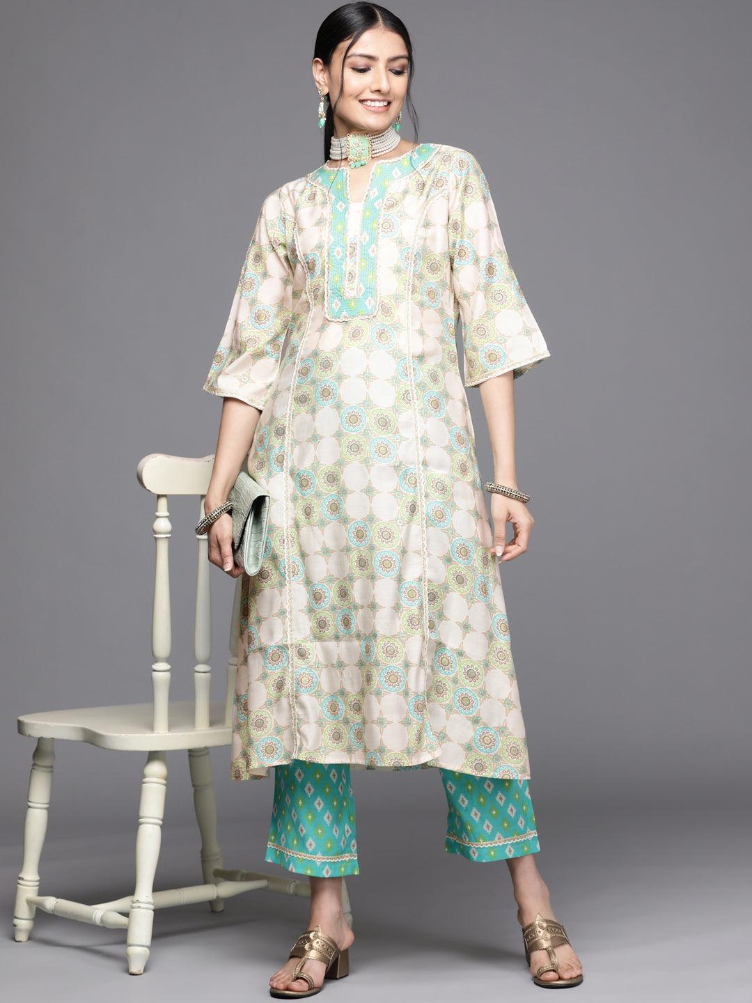 Green Printed Silk Kurta