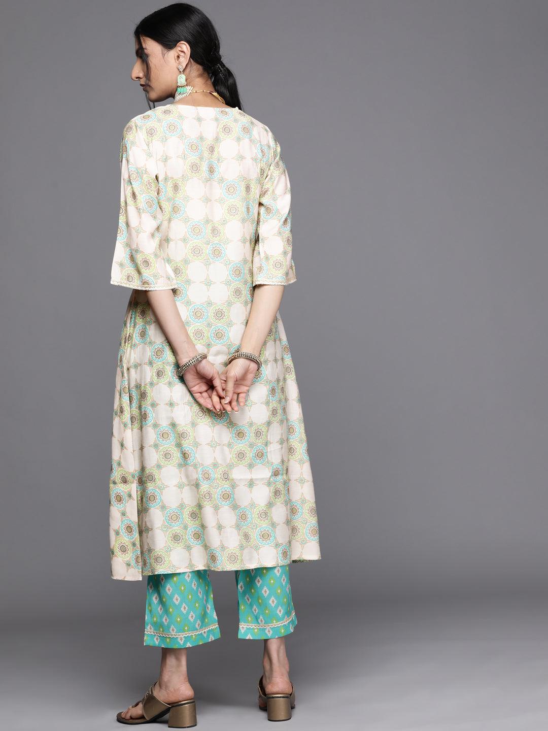 Green Printed Silk Kurta