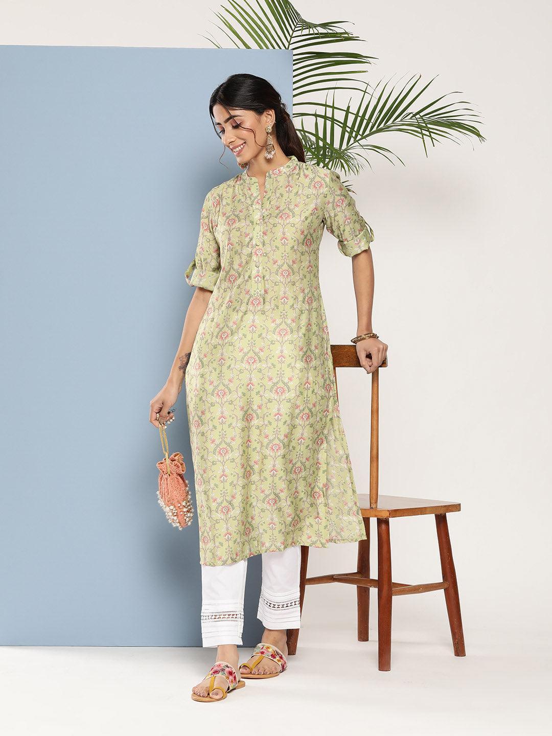 Green Printed Silk Straight Kurta