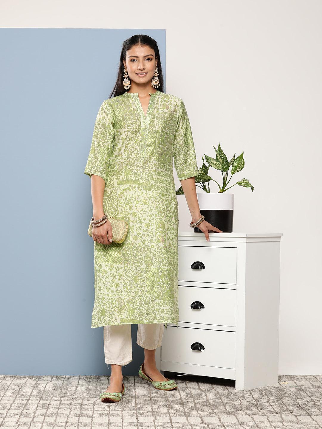 Green Printed Silk Straight Kurta