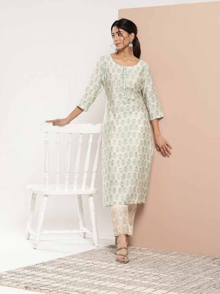 Green Printed Silk Straight Kurta - ShopLibas