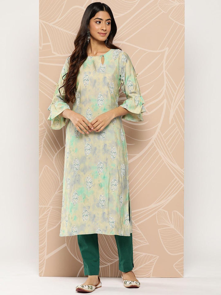 Green Printed Silk Straight Kurta - Libas