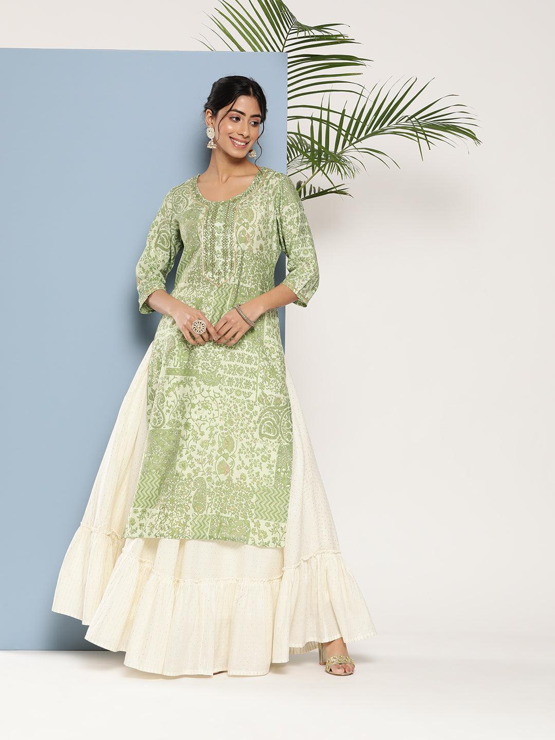 Green Printed Silk Straight Kurta